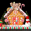 Christmas Gingerbread House Scene With Snowman Trees Gifts And Candy Canes
