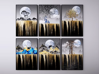 Six Piece Decorative Paintings With Moon Trees Animals And Gold Elements On Dark Background 3d model