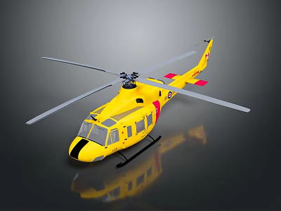 Yellow Helicopter With Main Rotors And Fuselage On Dark Surface Reflection 3d model