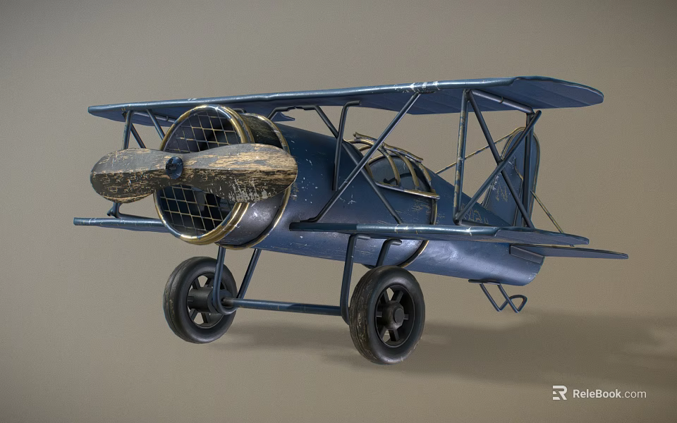 Vintage Blue Biplane Model With Propeller Wheels And Detailed Classic Design 3d model 