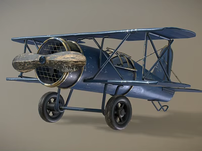Vintage Blue Biplane Model With Propeller Wheels And Detailed Classic Design 3d model