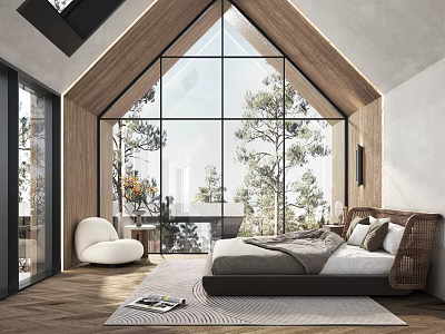 Modern Bedroom Interior With Large Glass Windows Trees Outside Wooden Elements Bed Accent Chair 3d model