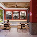 Hot Pot Restaurant Interior With Wooden Ceiling Red Columns And Dining Tables