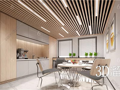 Modern Pantry Interior Design With Wooden Gray Cabinets Coffee Machine Table Chairs Windows And Blinds 3d model