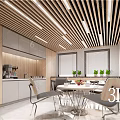 Modern Pantry Interior Design With Wooden Gray Cabinets Coffee Machine Table Chairs Windows And Blinds