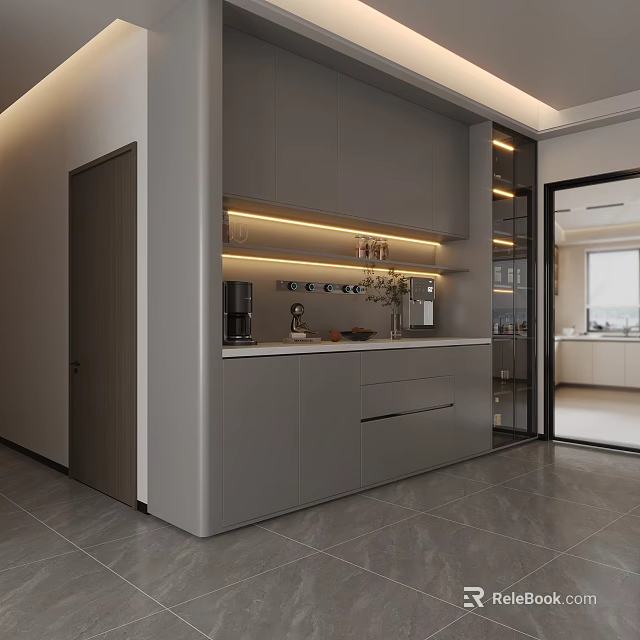 Modern Wine Cabinet with Built in Lighting Displaying Wine Glasses and Bottles in Interior Design 3d model 