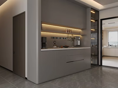 Modern Wine Cabinet with Built in Lighting Displaying Wine Glasses and Bottles in Interior Design 3d model
