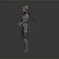 Woman In Green And Dark Armored Outfit With Shoulder Guards And Outstretched Arms