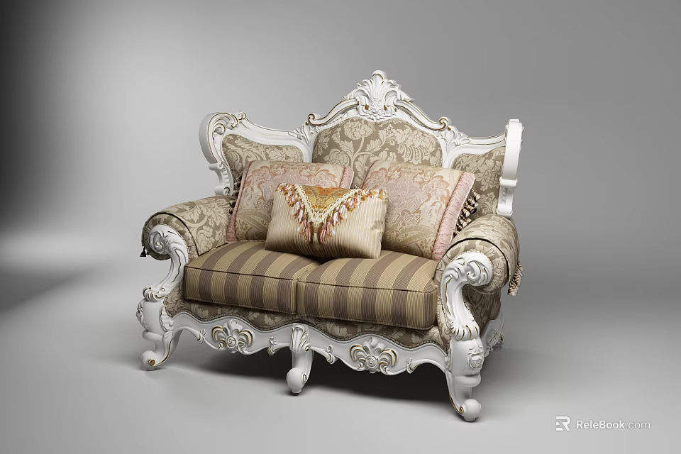 Classic European Two Seater Sofa With Ornate Carved White Frame Striped Cushions And Accent Pillows 3d model 