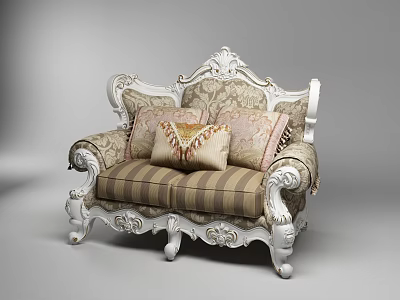 Classic European Two Seater Sofa With Ornate Carved White Frame Striped Cushions And Accent Pillows 3d model