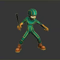 Green And Yellow Striped Cartoon Character In Bodysuit With Helmet Holding Stick And Orange Boots