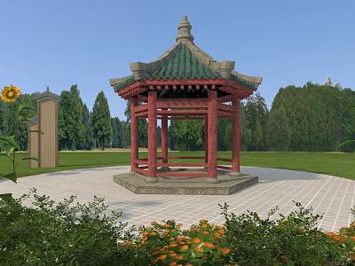 Traditional Chinese Pavilion with Green Tiled Roof Red Pillars in Garden with Trees and Flowers 3d model