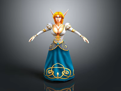 Elf Woman With Blonde Hair Golden Horns Blue Dress Gold Patterns And Arms Outstretched 3d model