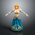 Elf Woman With Blonde Hair Golden Horns Blue Dress Gold Patterns And Arms Outstretched