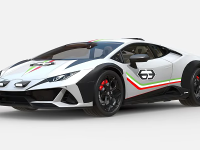 White Sports Car with Green White Red Stripes Black Wheels and Sleek Aerodynamic Exterior Design 3d model