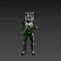 Smart Robot in Green and White Armor Holding Weapon in Standing Position 3d model