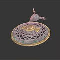 Intricate Cosmic Space Exploration Artifact With Circular Gold Silver Accents And Spire Top Design