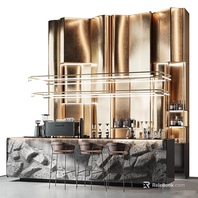 Modern Elegant Cafe Featuring Golden Walls Stone Countertop Bar Counter High Stools And Lighting 3d model 
