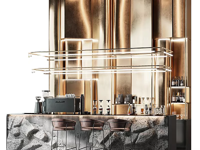Modern Elegant Cafe Featuring Golden Walls Stone Countertop Bar Counter High Stools And Lighting 3d model