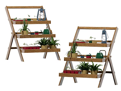 Wooden Multi Tiered Plant Shelf with Potted Plants Lantern and Watering Can for Home Decor 3d model