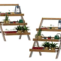 Wooden Multi Tiered Plant Shelf with Potted Plants Lantern and Watering Can for Home Decor