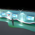 Interactive Zone Exhibition Booth With Digital Screens Company Branding And Standing Person