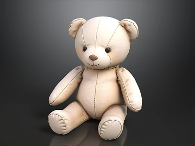Cream Colored Stuffed Bear Doll Sitting With Stitched Details On Dark Background 3d model