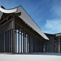 Traditional Chinese Style Sales Office Building With Wooden Structure Glass Curtain Walls And Stone Walls 3d model