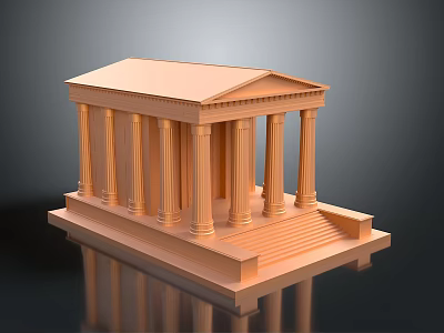Cartoon Style Ancient Temple Model With Orange Columns Steps Pedestal And Dark Background Reflection 3d model