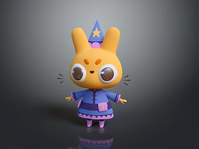 Cute Yellow Cartoon Rabbit With Pointed Star Hat Blue Outfit Big Eyes Orange Cheek Dots 3d model