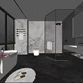 Modern Bathroom Interior With White Bathtub Glass Shower Marble Walls And Large Windows With Blinds
