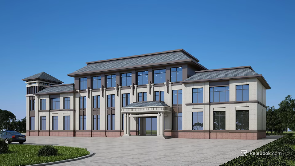 Traditional Chinese Style Office Building With Light Facade Large Windows Grand Entrance And Spacious Courtyard 3d model 