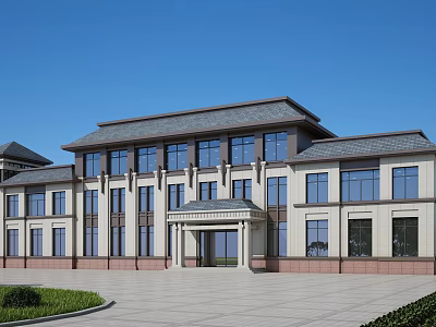 Traditional Chinese Style Office Building With Light Facade Large Windows Grand Entrance And Spacious Courtyard 3d model