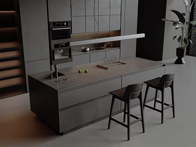 Modern Kitchen Bar Counter With Gray Countertop And Black Bar Stools And Cabinets 3d model