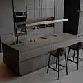 Modern Kitchen Bar Counter With Gray Countertop And Black Bar Stools And Cabinets