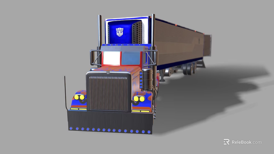 Optimus Prime Game Movie Character In Truck Form With Blue Logo And Semi Trailer 3d model 