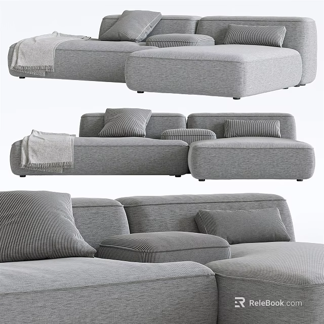 Comfortable Modern Gray Sectional Sofa with Textured Pillows and Soft Throw Blanket 3d model
