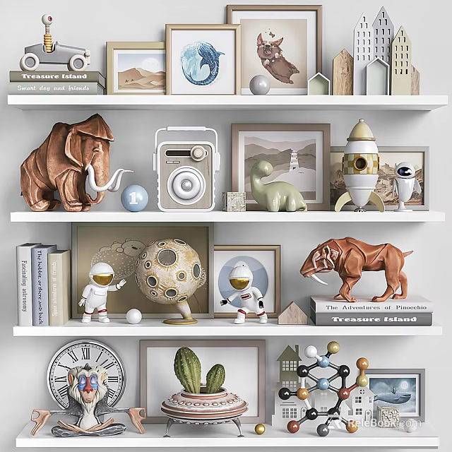 Decorative Figurine Collection with Mammoth Dinosaur Astronaut Rocket and House Models on White Shelves 3d model 