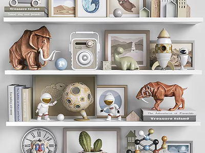 Decorative Figurine Collection with Mammoth Dinosaur Astronaut Rocket and House Models on White Shelves 3d model