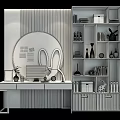 Modern Elegant Desk Setup With Round Mirror Bookshelf And Decorative Items 3d model