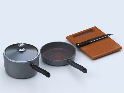 Essential Cooking Utensils Including Gray Pot With Lid Frying Pan Brown Cutting Board And Knife 3d model