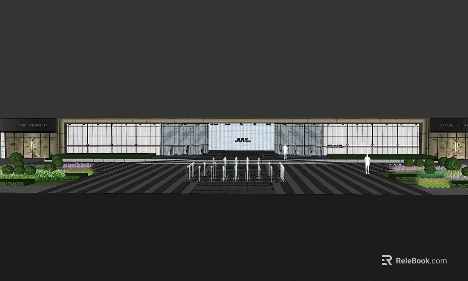 Modern Entrance Gate Design With Glass Curtain Walls White Facade Square Paving And Greenery 3d model 