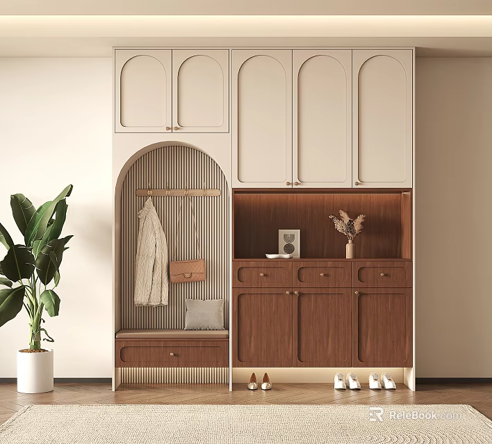 Modern Shoe Cabinet with Beige and Wooden Design Hanging Area Storage Drawers and Decorative Plants 3d model 