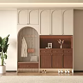Modern Shoe Cabinet with Beige and Wooden Design Hanging Area Storage Drawers and Decorative Plants