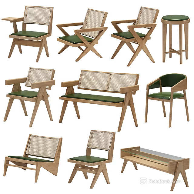 Stylish Wooden Leisure Chairs With Green Cushions Including Cross Legs Mesh Backrests And Bench Styles 3d model 