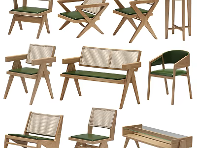 Stylish Wooden Leisure Chairs With Green Cushions Including Cross Legs Mesh Backrests And Bench Styles 3d model