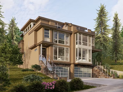 Modern Semi Detached Villa With Large Windows Green Trees Lawn Driveway And Garage 3d model