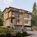 Modern Semi Detached Villa With Large Windows Green Trees Lawn Driveway And Garage