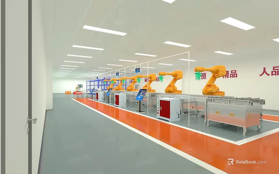 Industrial Factory Interior Featuring Yellow Robotic Arms Assembly Line And Production Equipment 3d model 