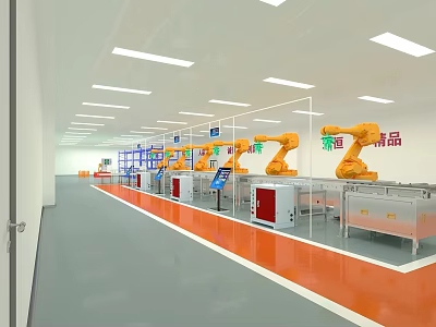Industrial Factory Interior Featuring Yellow Robotic Arms Assembly Line And Production Equipment 3d model